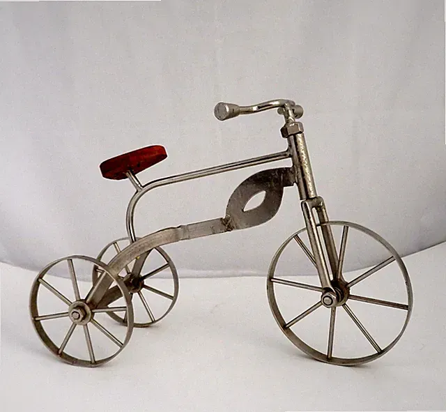 Hand Made Steel Metal Tricycle With Wood Seat Doll Size Rustic Home Décor 12 In